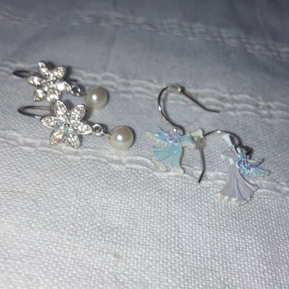 Vintage Angle and Silver and Pearl/ Floral Hook Earrings Set